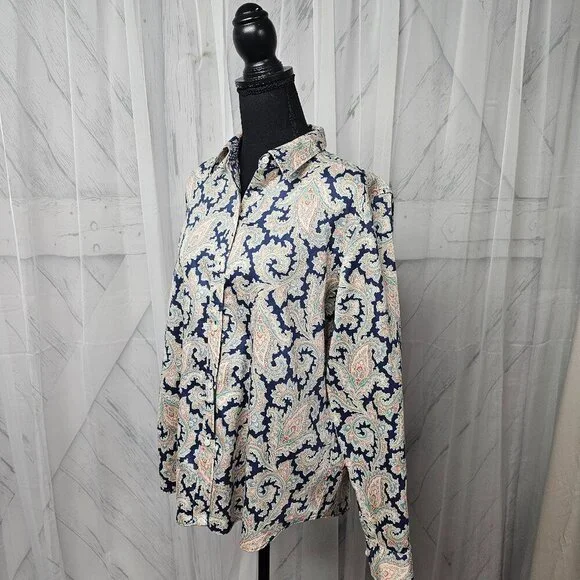 Chaps Navy Blue Pink Paisley Button-Down Long Sleeve Boho Blouse Size PXL - Picture 7 of 12